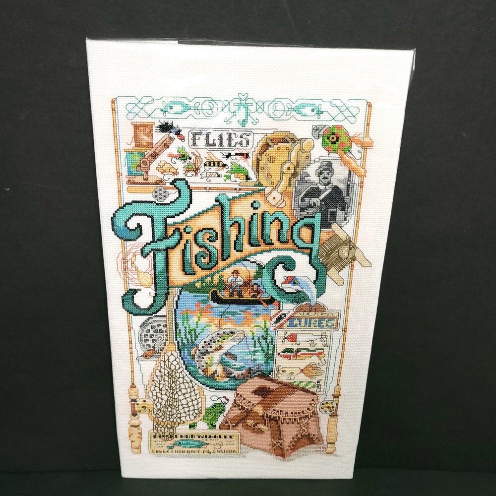 Handmade Completed Cross Stitch Fishing Fisherman Fish Lodge Cabin Wall Art
